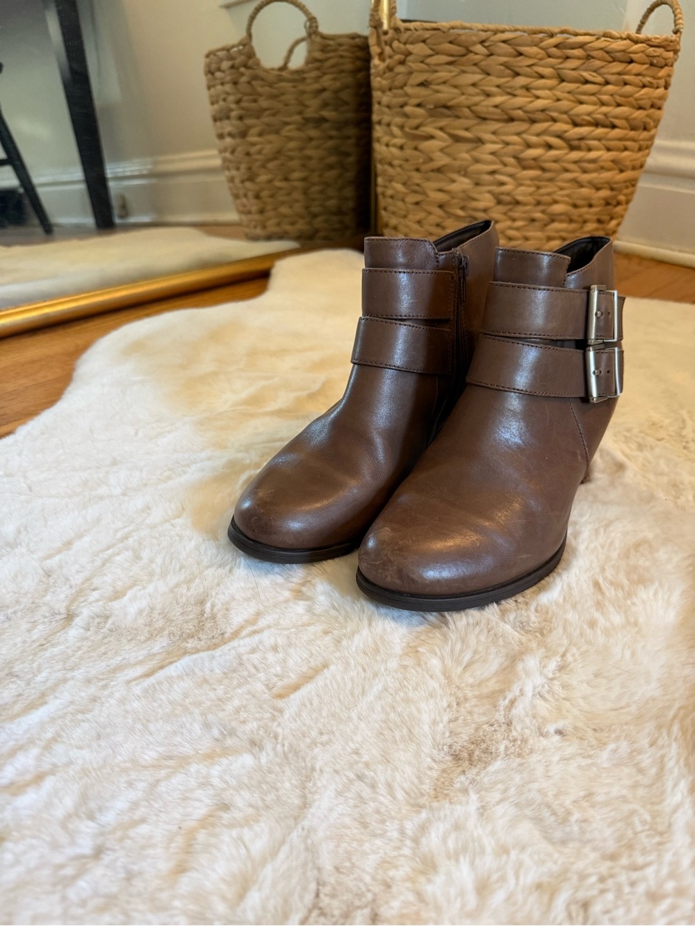Clarks Brown Leather Buckle Ankle Booties - Picture 2 of 6